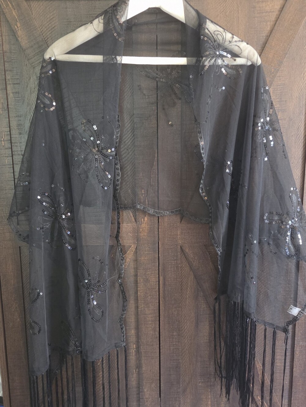 Black Sequin Floral Fringe Shawl Jacket